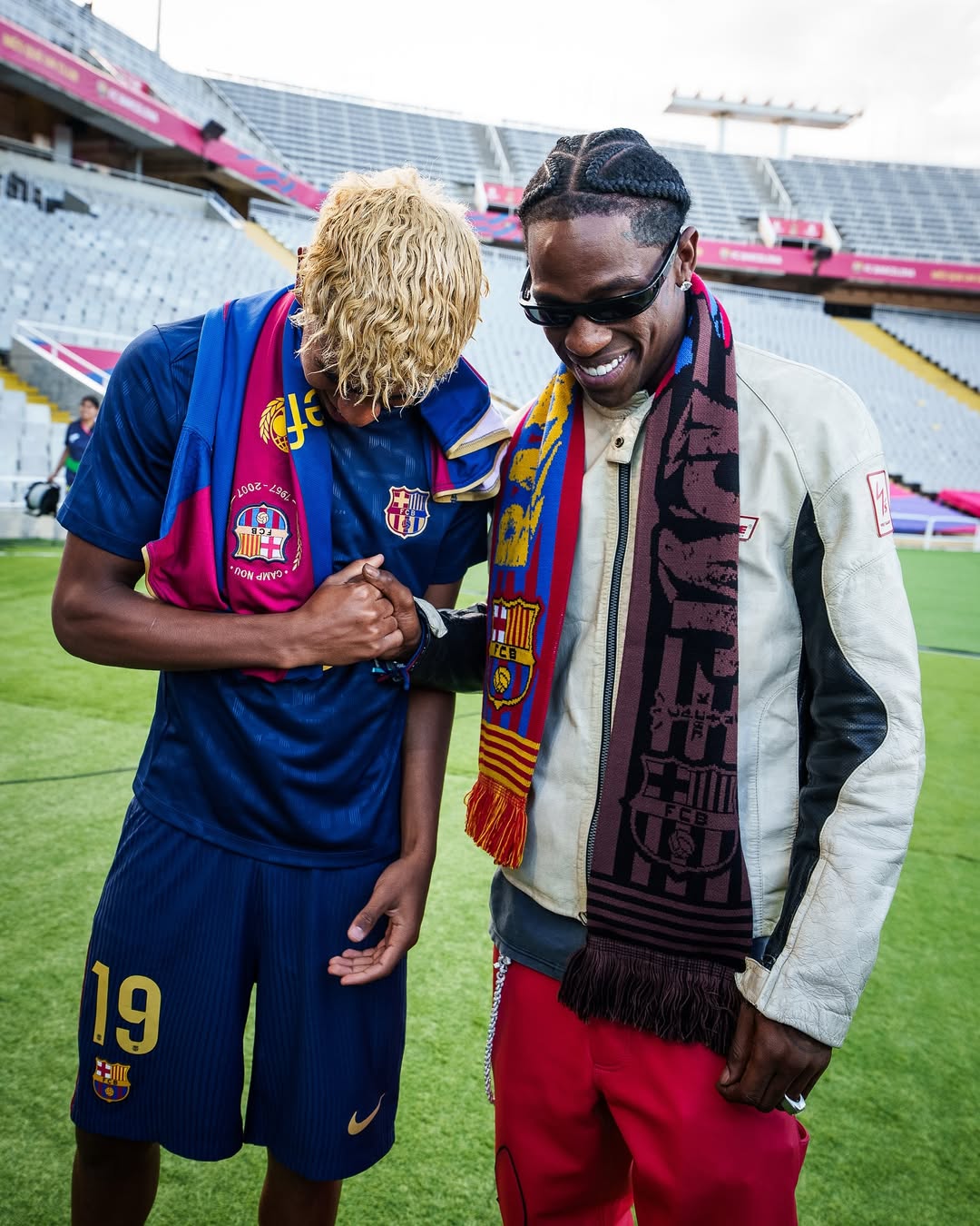 Travis Scott and Lamine Yamal wearing Barca x Travis Scott 2025 Home Kit