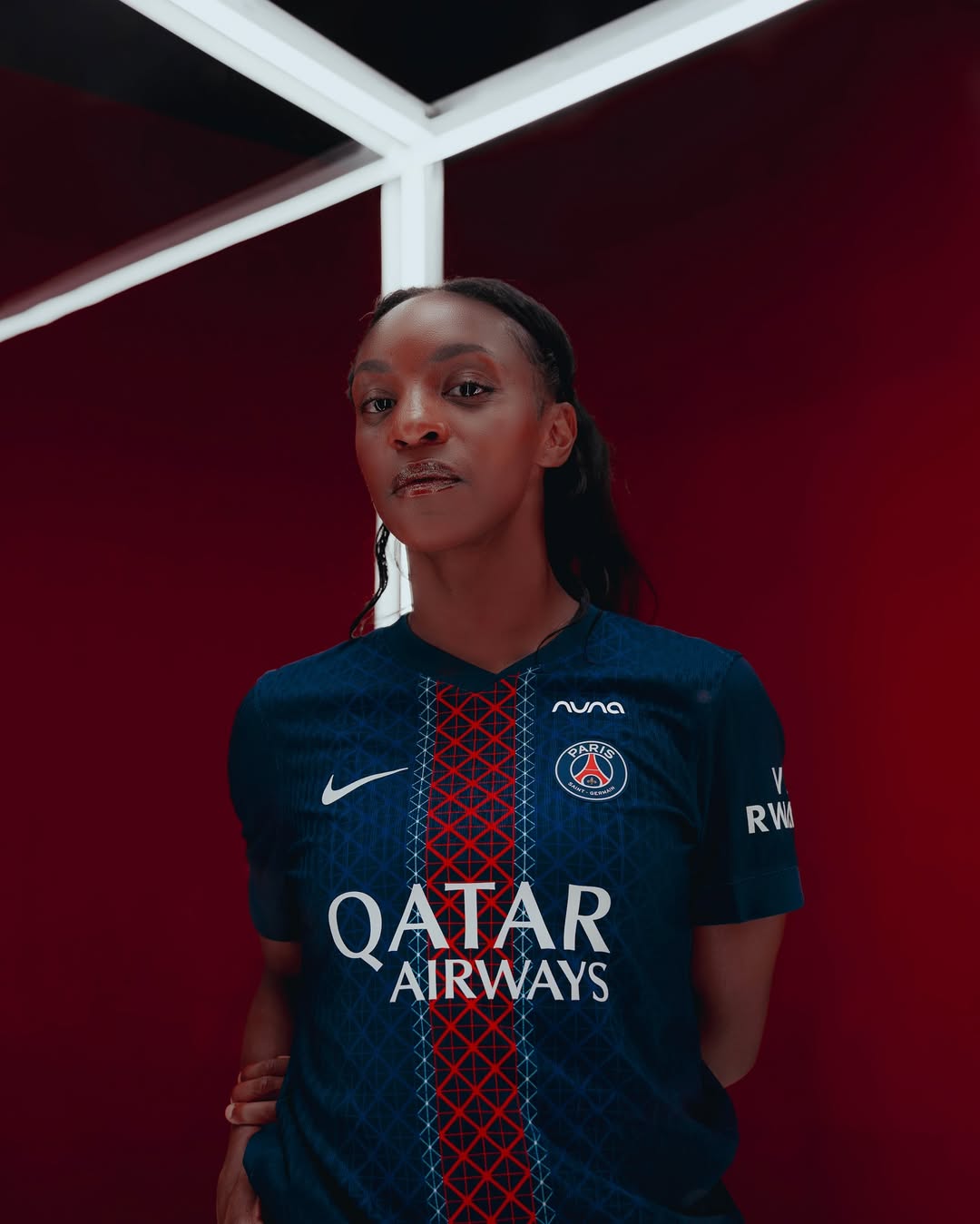 Baby Benara wearing Paris Saint-Germain 2025-2026 Home Kit