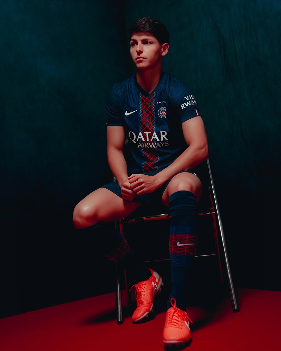 Elisa De Almeida wearing Paris Saint-Germain 2025-2026 Home Kit
