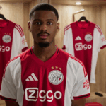 Ajax player wearing the Ajax 2025-2026 home kit