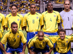 Brazil 2002-2003 football team wearing the Brazil 2002-2003 home kit