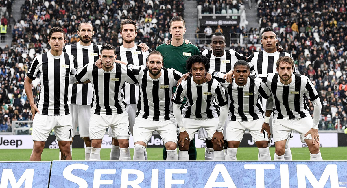 Featured Juventus team wearing Juventus 120th Anniversary home jersey