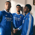 Mbappe, Bellingham and Vinicius wearing the Real Madrid 2025-2026 third kit
