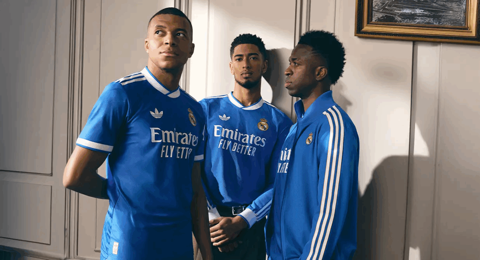 Mbappe, Bellingham and Vinicius wearing the Real Madrid 2025-2026 third kit