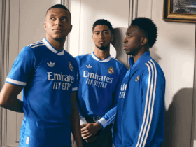 Mbappe, Bellingham and Vinicius wearing the Real Madrid 2025-2026 third kit