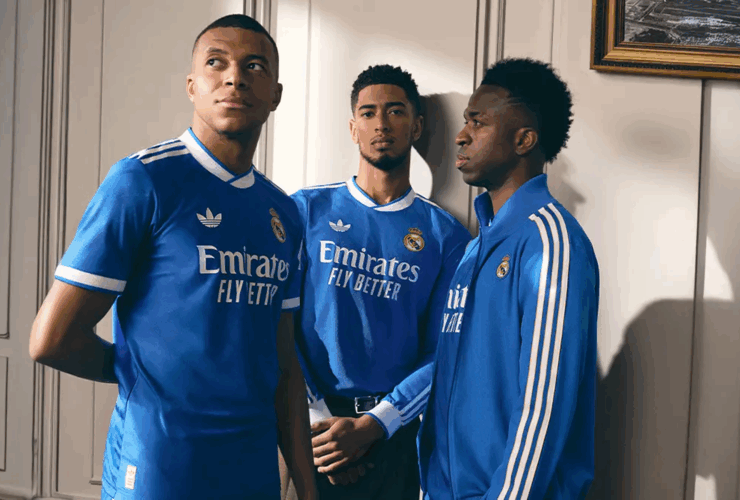 Mbappe, Bellingham and Vinicius wearing the Real Madrid 2025-2026 third kit