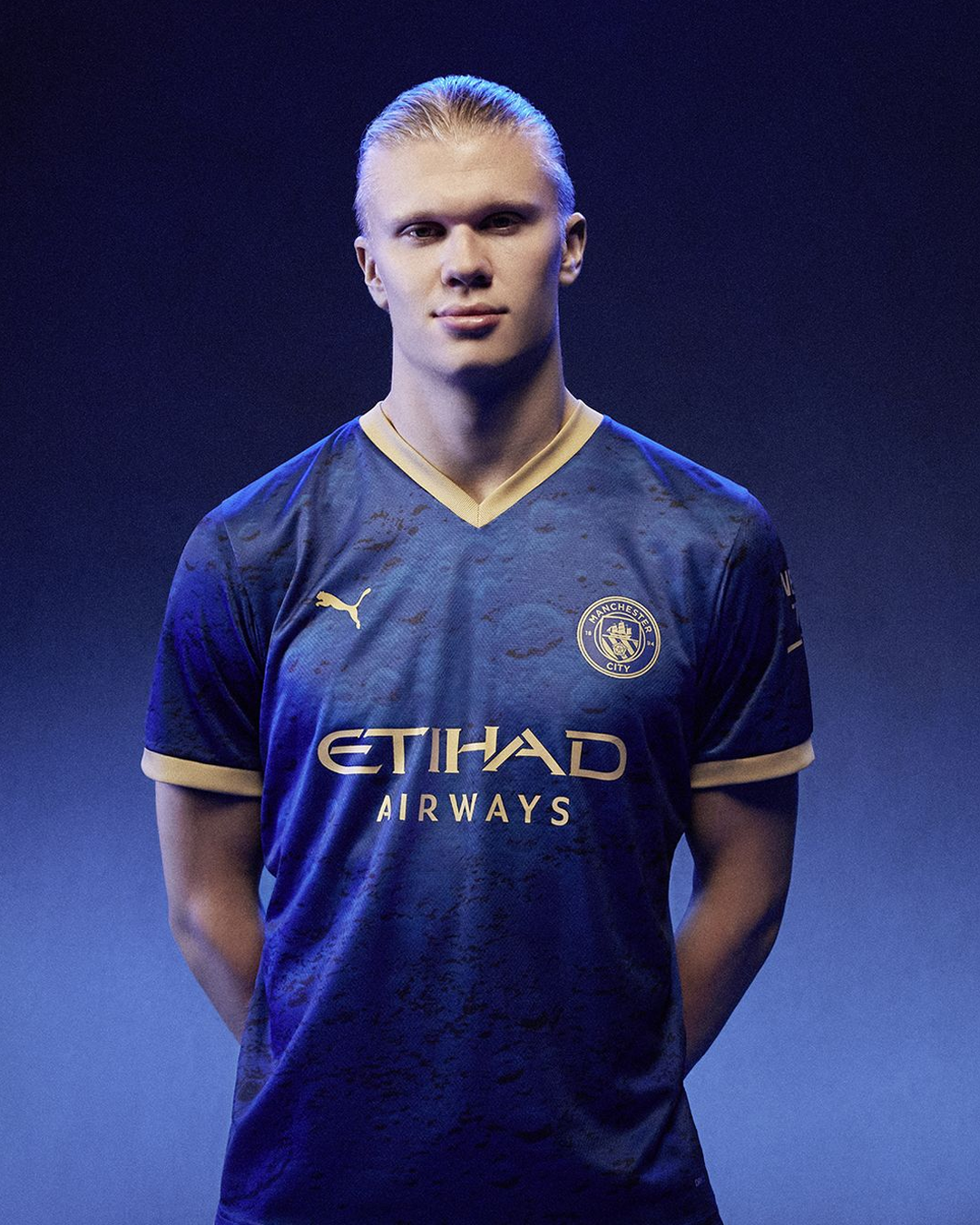 Erling Haaland wearing the Year of the Rabbit special Mnchester City kit 2023