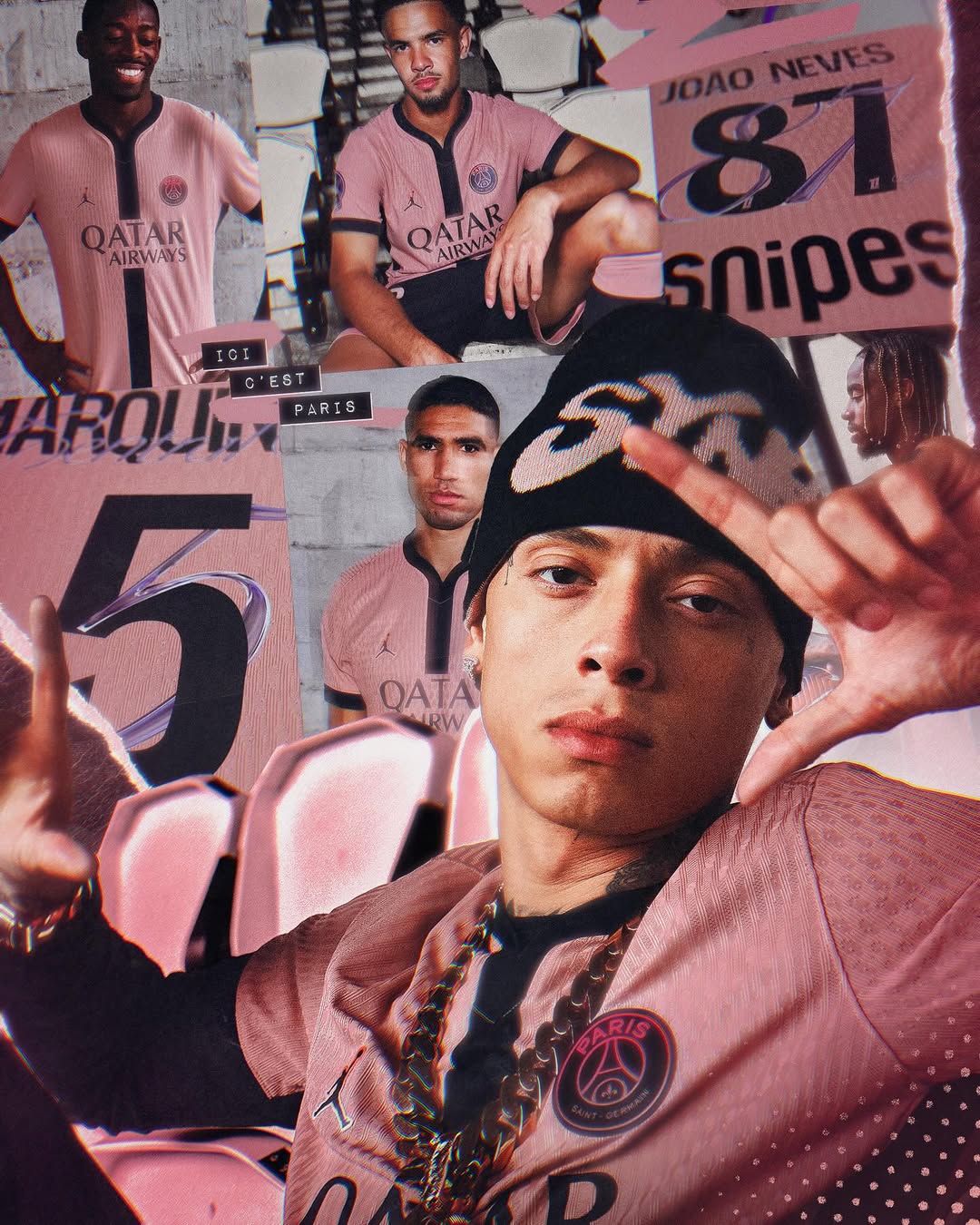 Central Cee posing in a photo wearing the Paris Saint-Germain x Central Cee 2024 third kit