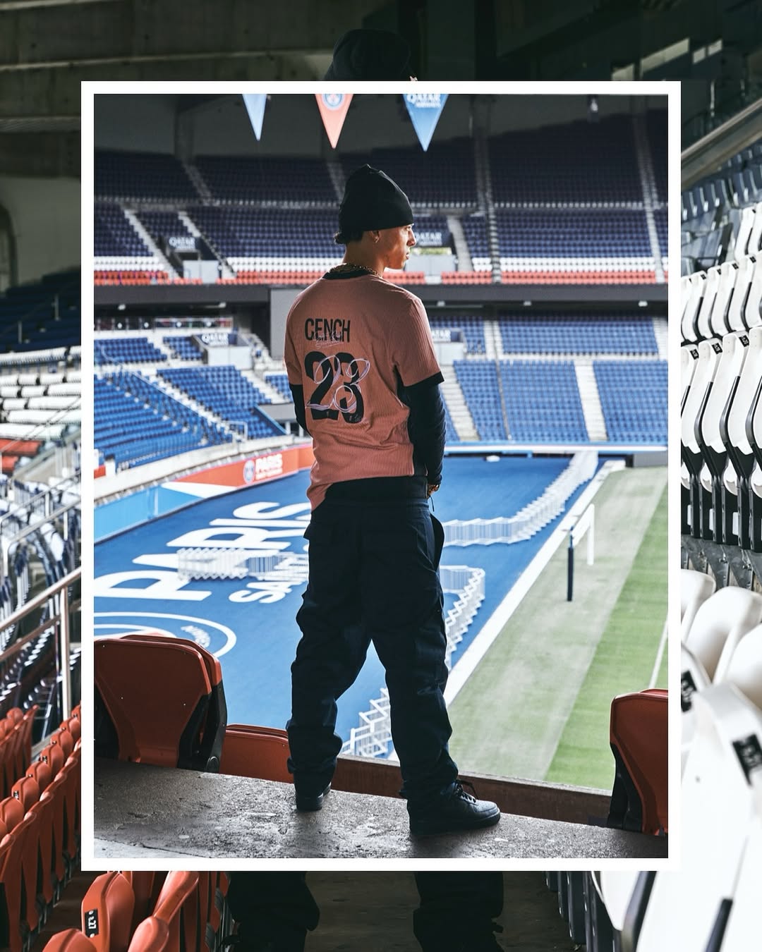 Central Cee showing the back of his Paris Saint-Germain x Central Cee 2024 third kit jersey