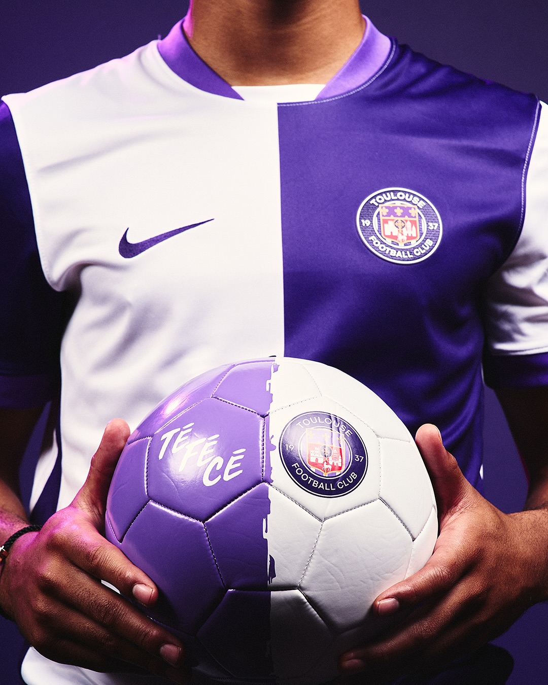 Toulouse FC 2025-2026 Home Kit with a Toulouse FC football