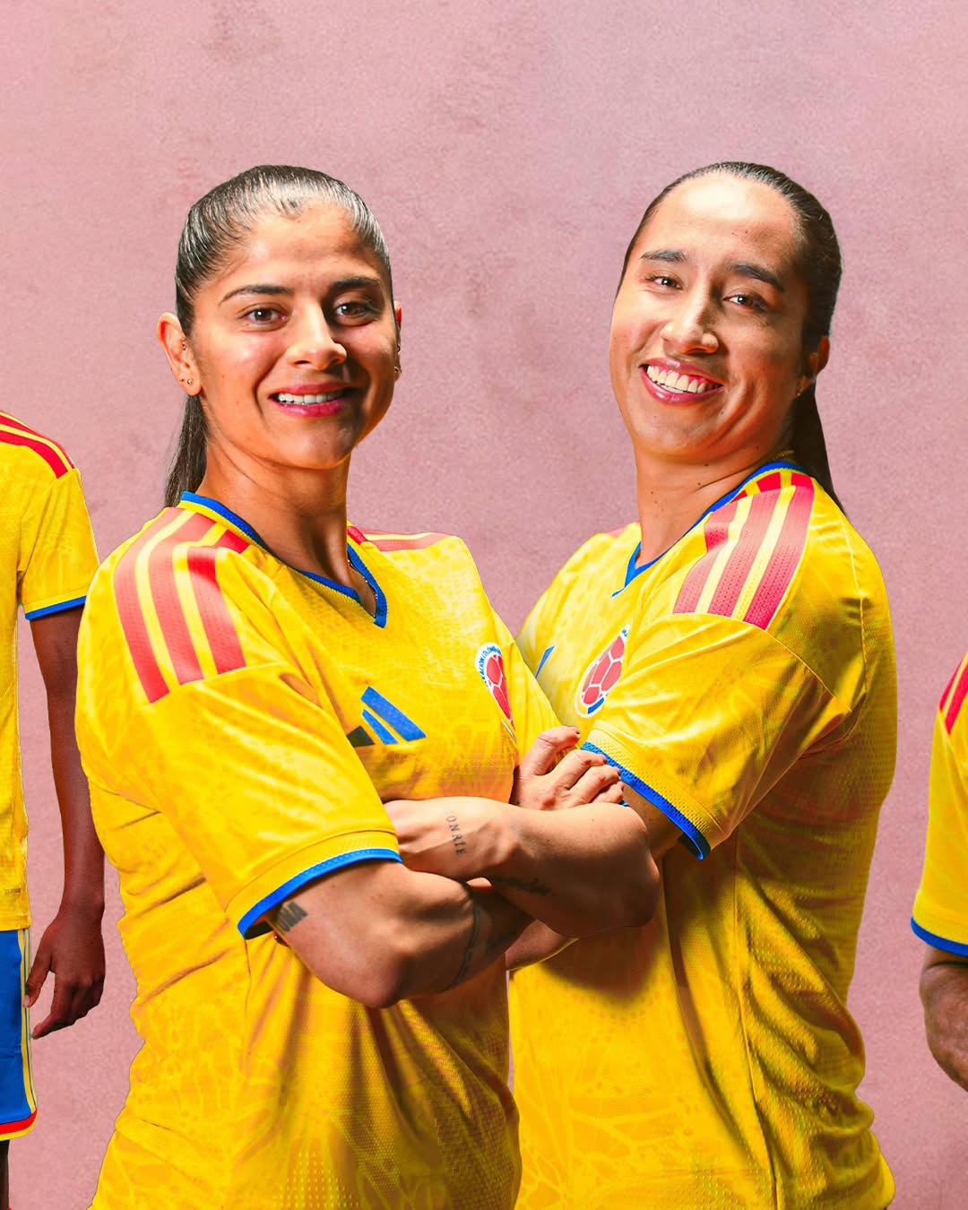 Players of Colombia's female team wearing Colombia 2026 World cup kit