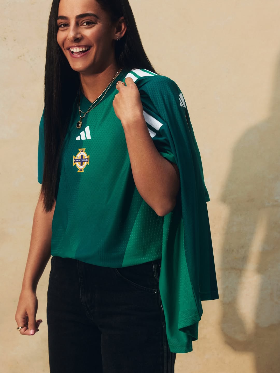 Louise McDaniel wearing Northern Ireland 2026 World Cup home kit
