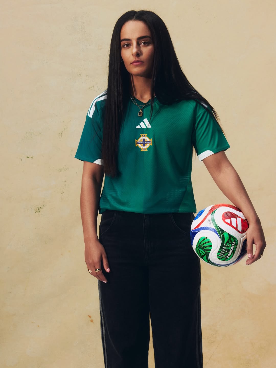 Louise McDaniel wearing Northern Ireland 2026 World Cup home kit