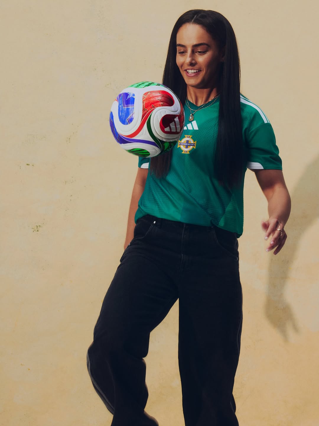 Louise McDaniel wearing Northern Ireland 2026 World Cup home kit
