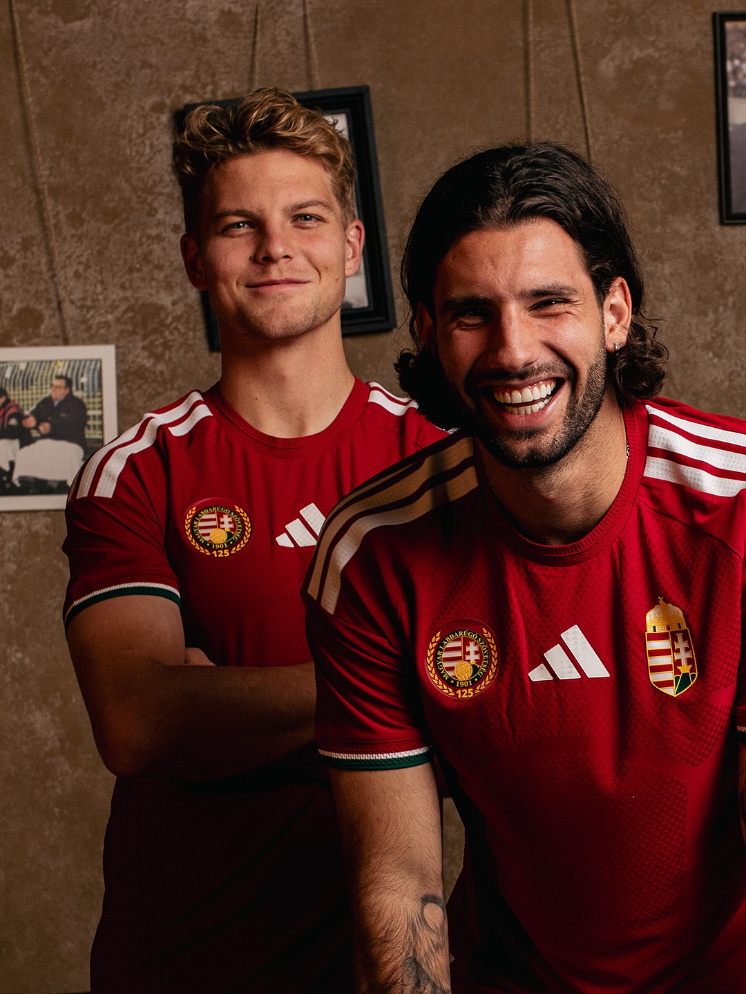 Dominik Szoboszlai and Andras Schafer  wearing Hungary 2026 home kit