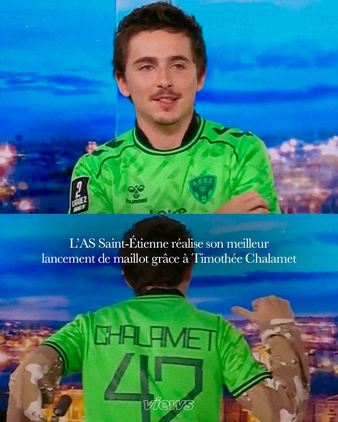 Thimotee Chalamet wearing Saint-Etienne 2025-2026 fourth kit